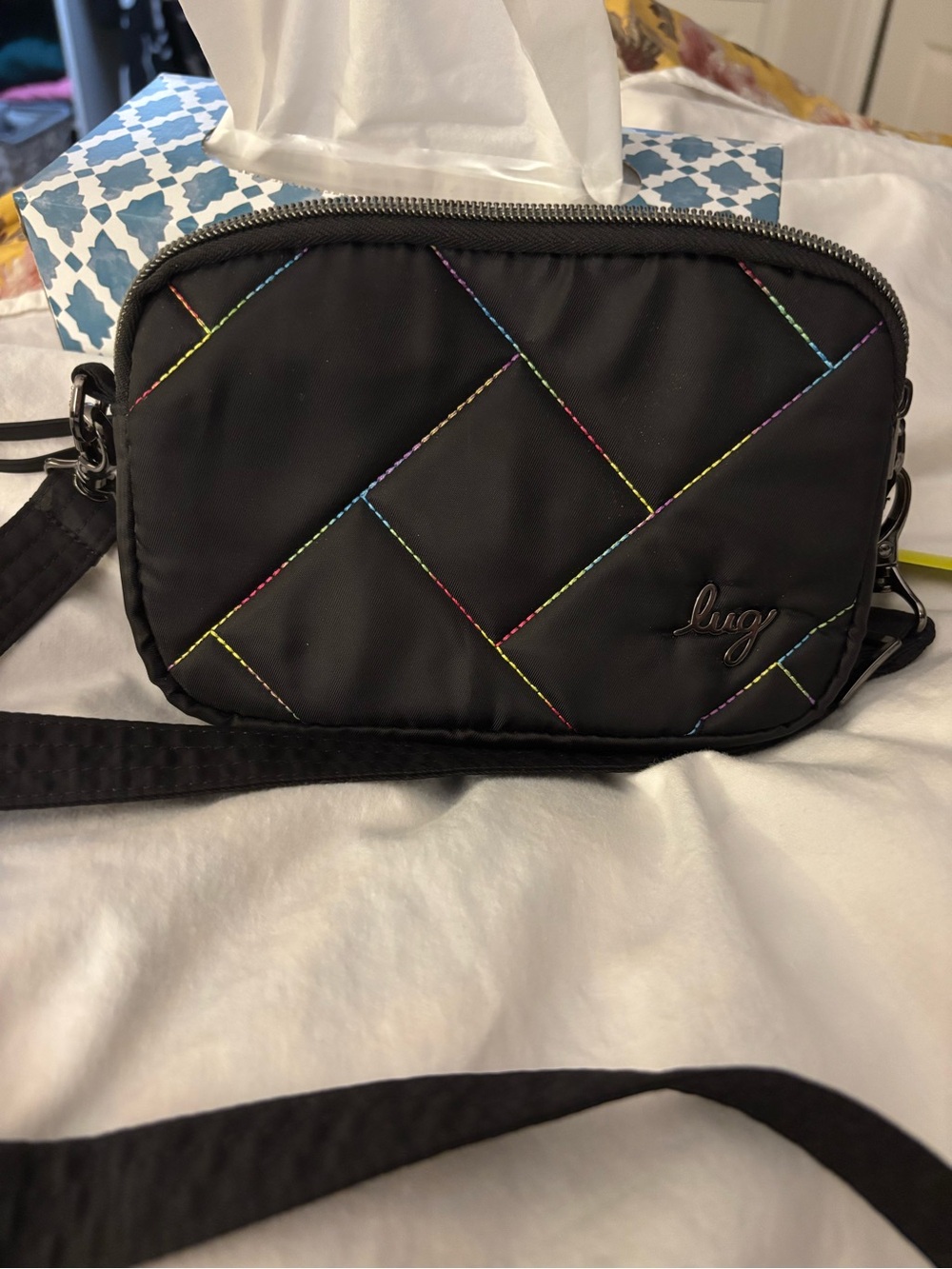 Lug Black Crossbody Bag with Multicolor Rainbow Stitching - Picture 1 of 11